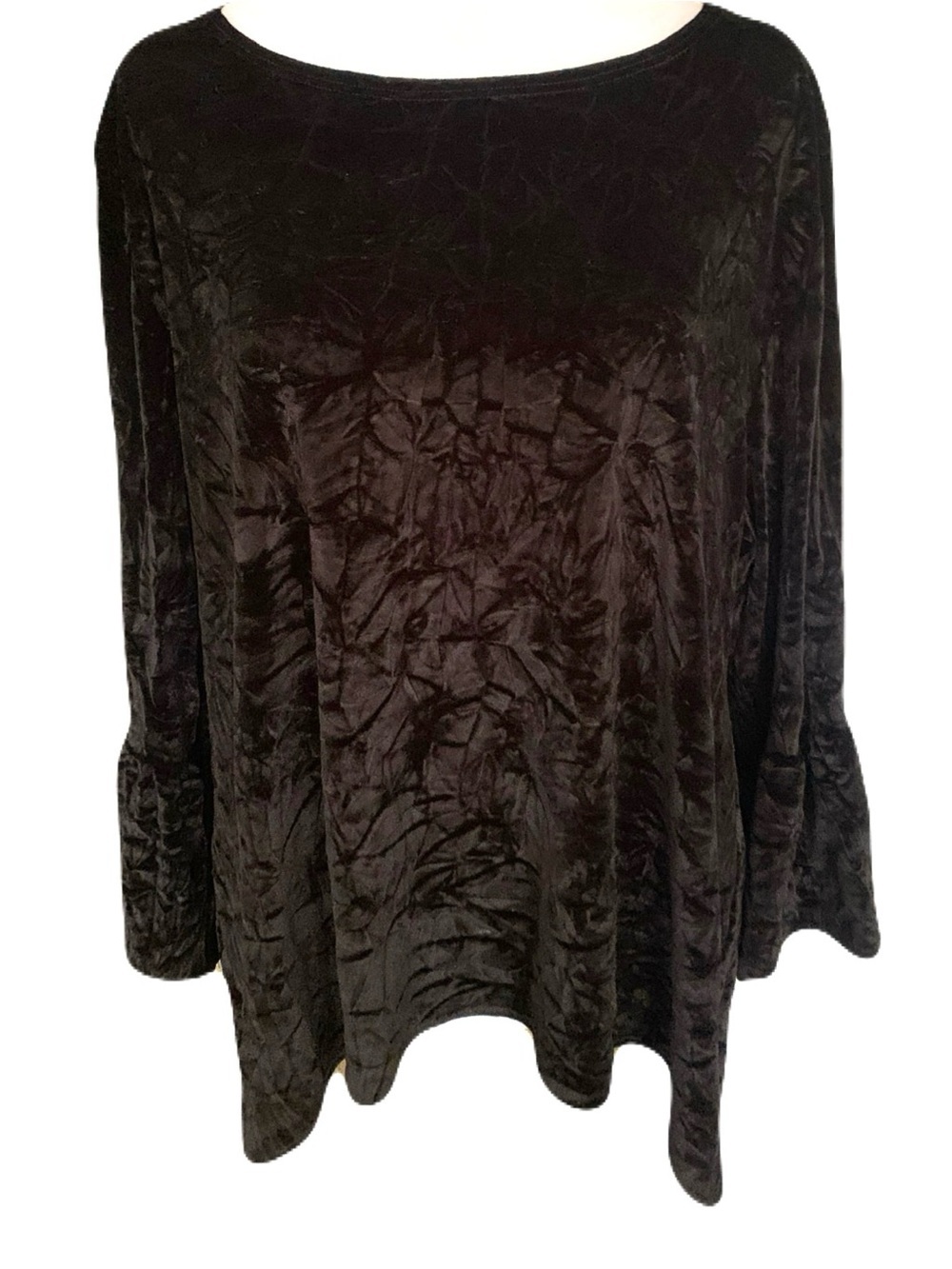 bryn Walker Large Black Crushed Velvet Longer Bell Sleeve Scoop Neck Top Goth